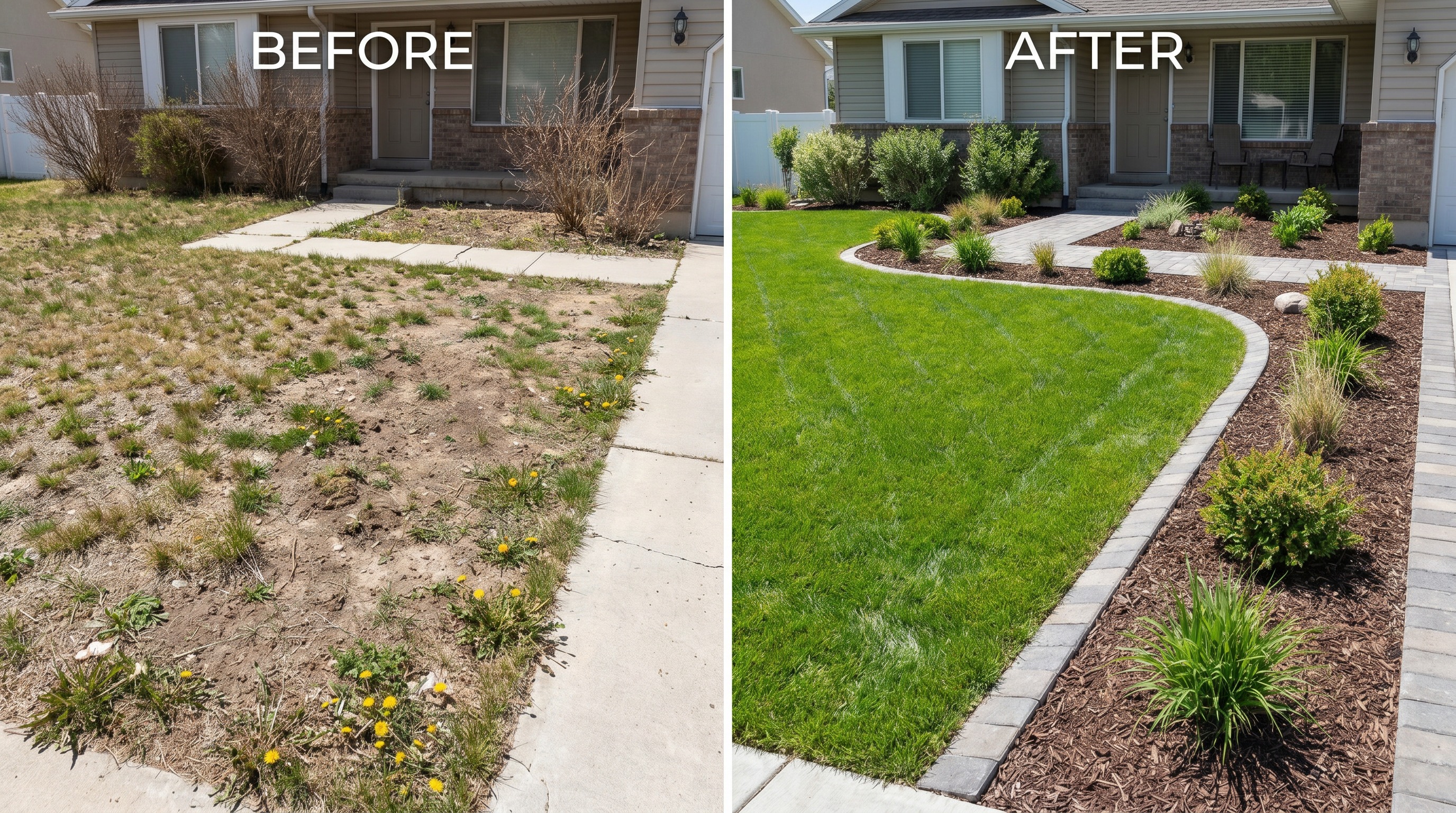 Before and after of a Salt Lake County front-yard transformation — bare dirt on the left, finished sod and bark beds on the right