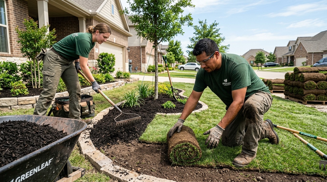 The crew installing sod and laying bark mid-project