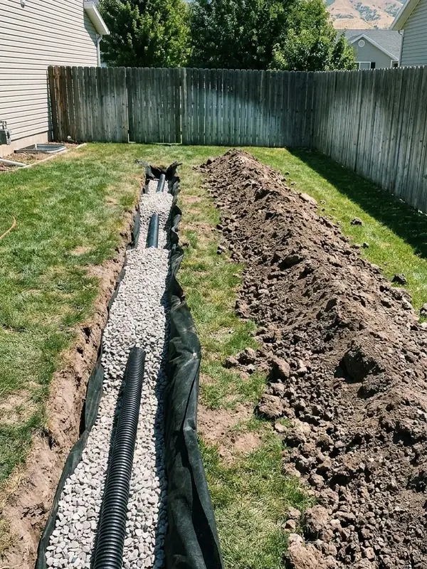 Open French drain trench in a backyard lawn with perforated pipe, washed gravel, and filter fabric before backfill