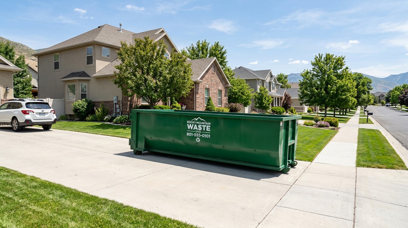 A clean roll-off dumpster parked on a residential driveway in a Utah neighborhood