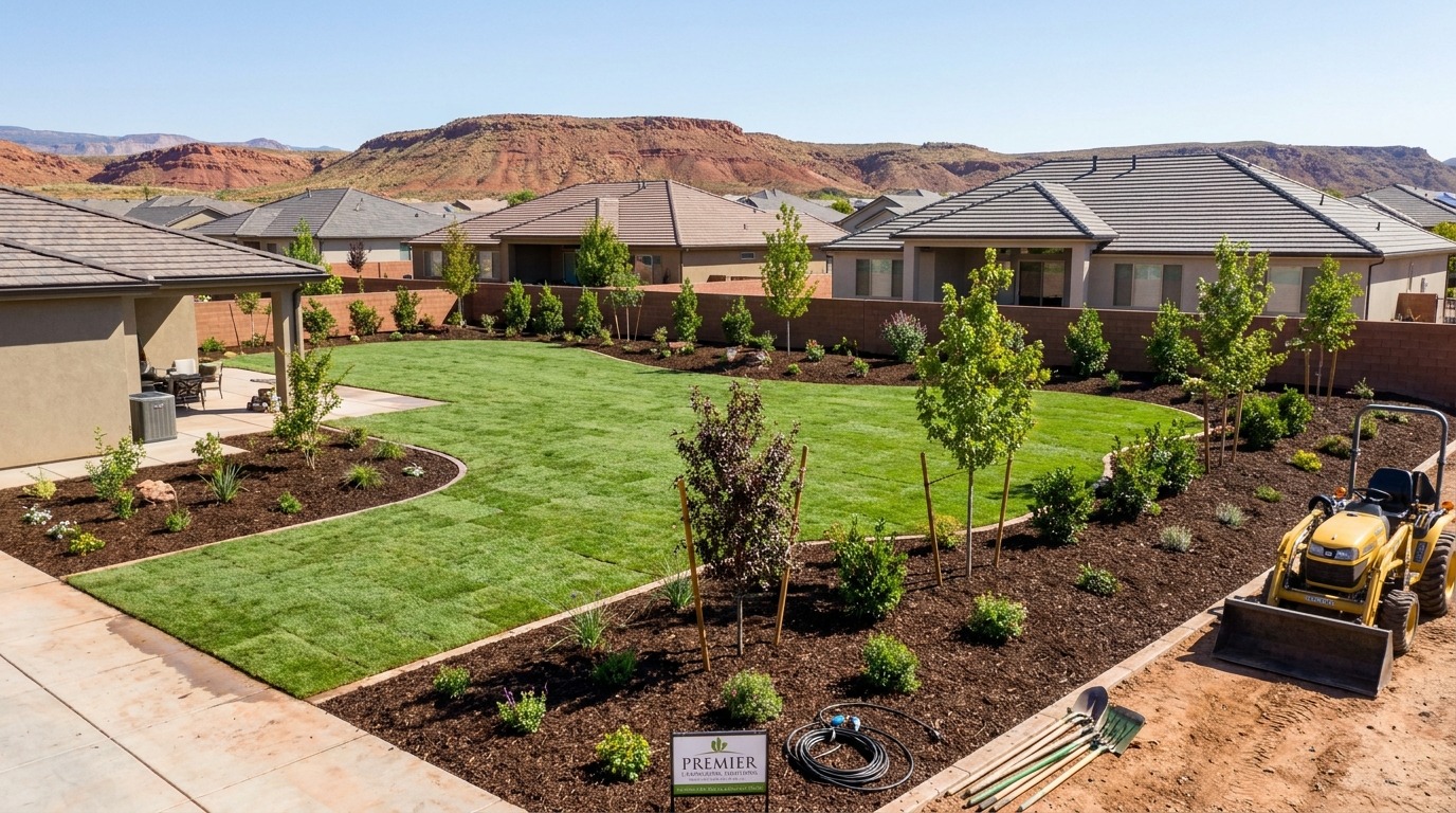 A finished landscaping overhaul with fresh sod, bark beds and a front loader on site
