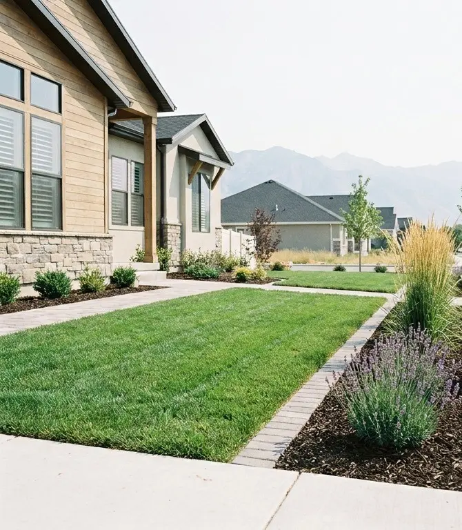 The same Salt Lake County front yard after — lush green sod, a lavender bed and clean paver edging