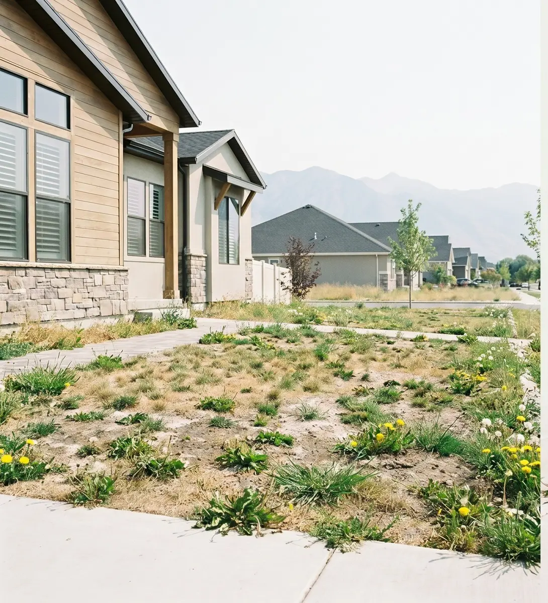 The same Salt Lake County front yard before landscaping — patchy weeds, dead grass and bare dirt