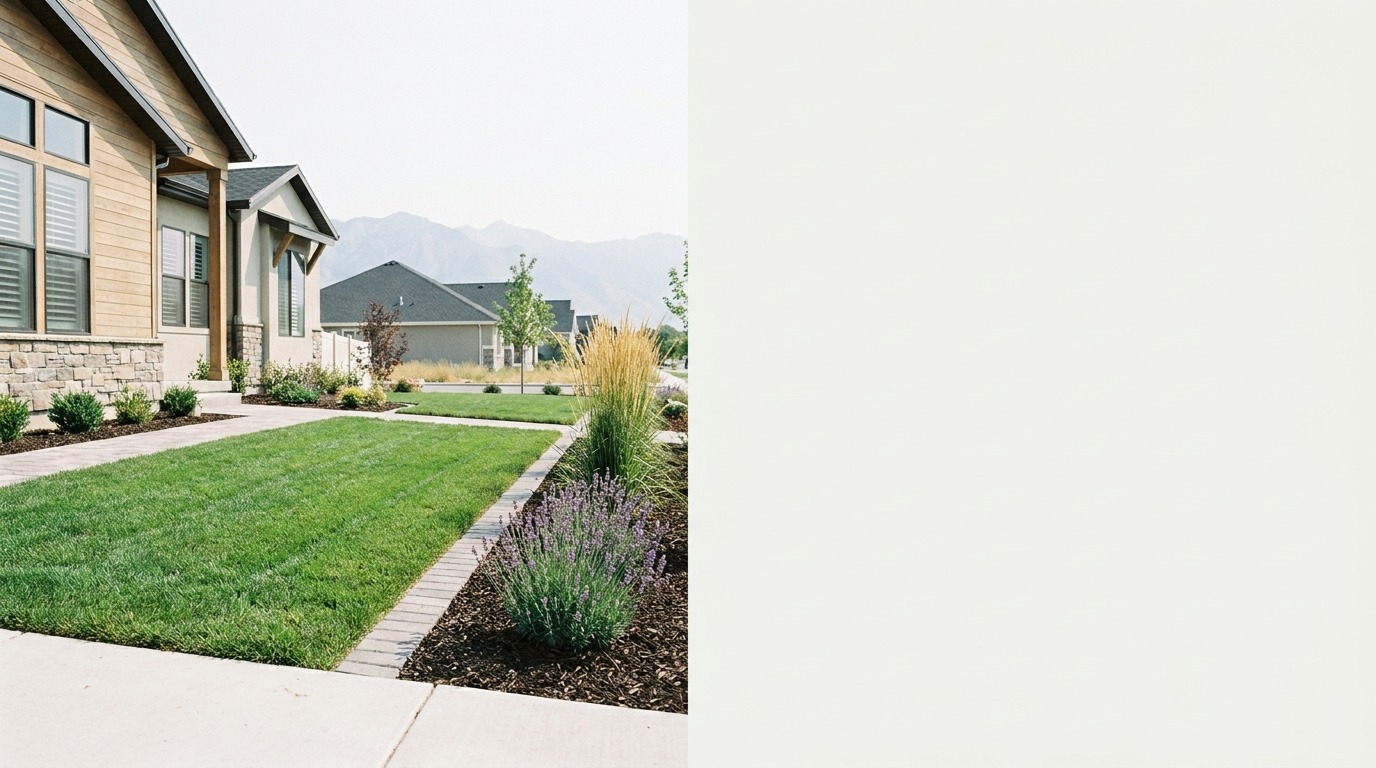 Freshly finished front yard with water-wise sod and bark beds