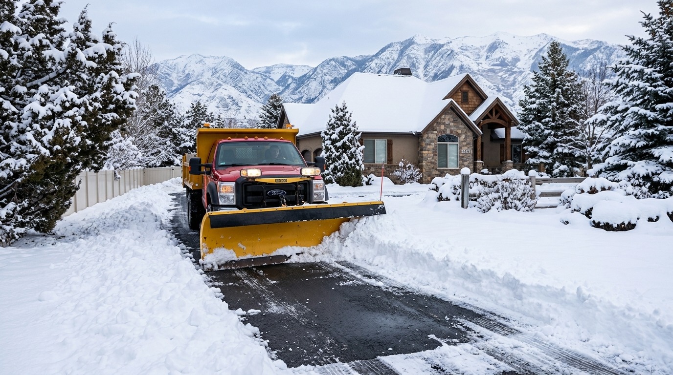 A plow blade clearing a snow-covered driveway