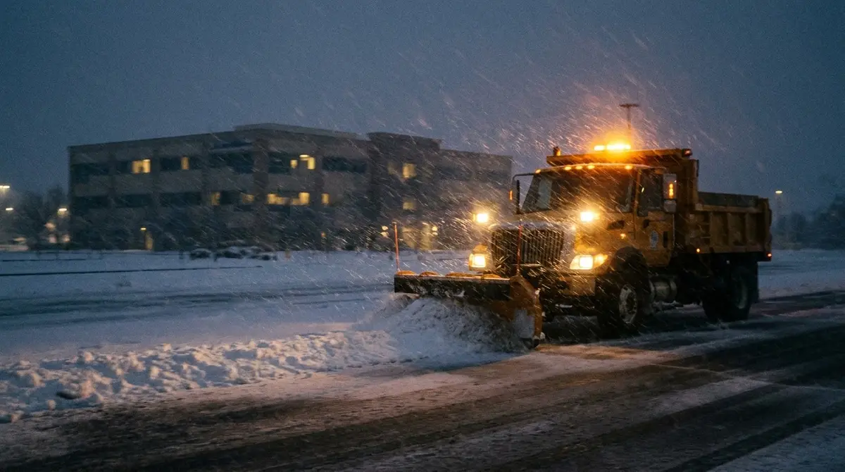 Plow truck clearing a commercial lot at dusk with snow falling through its headlights