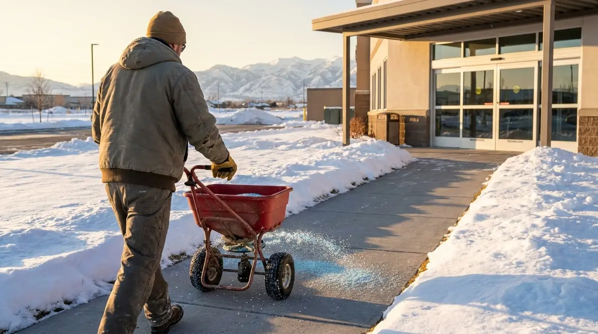 Crew member spreading granular ice melt along a cleared entrance walkway at sunrise