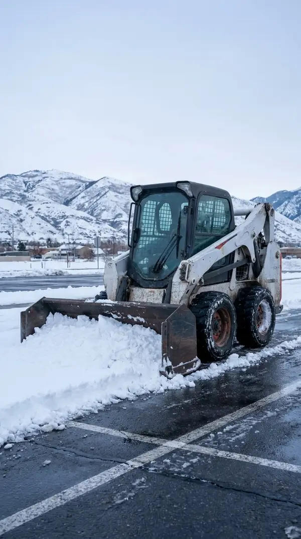 Skid steer with a snow pusher box clearing a commercial parking lot below snow-covered foothills