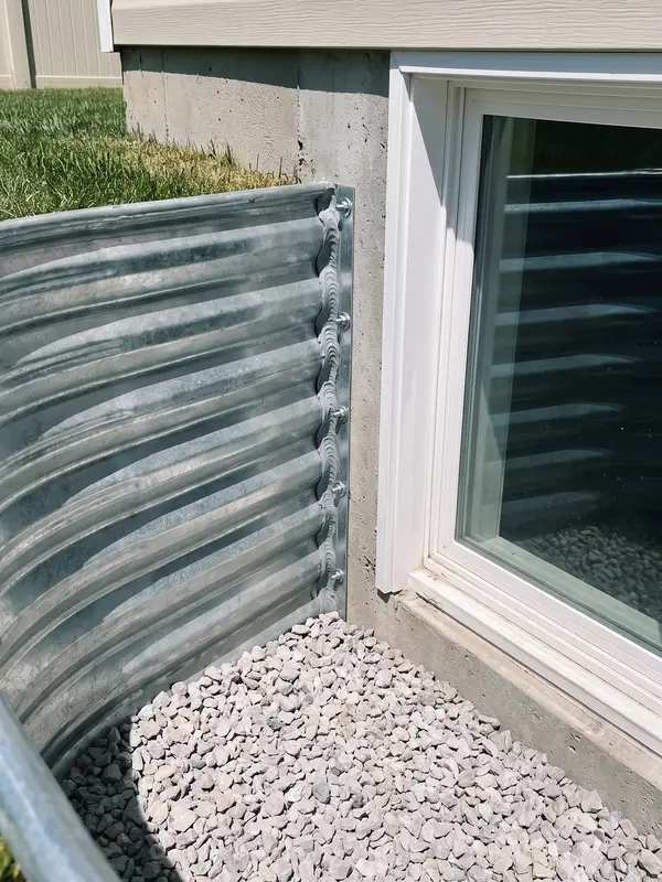 Close-up of a finished window well where the steel wall is bolted and sealed to the concrete foundation above clean drainage gravel