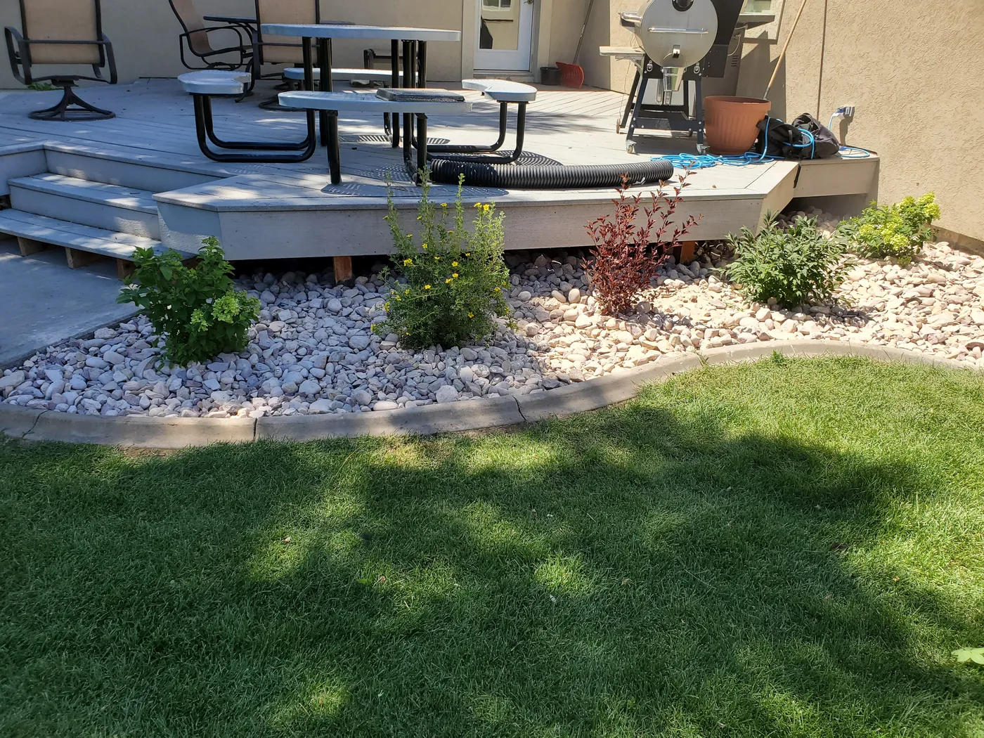Clean, water-wise rock beds and trimmed shrubs framing the front of the property